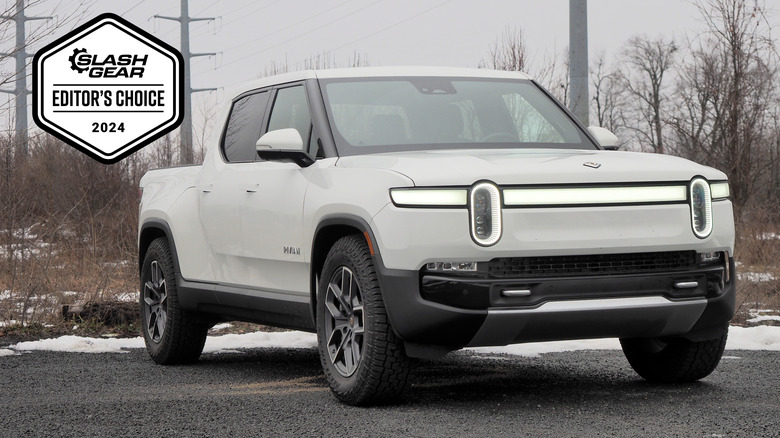 White 2024 Rivian R1T Dual-Motor with an Editor's Choice badge from SlashGear