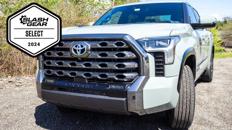 White 2024 Toyota Tundra Platinum front fascia with an Editor's Choice badge from SlashGear