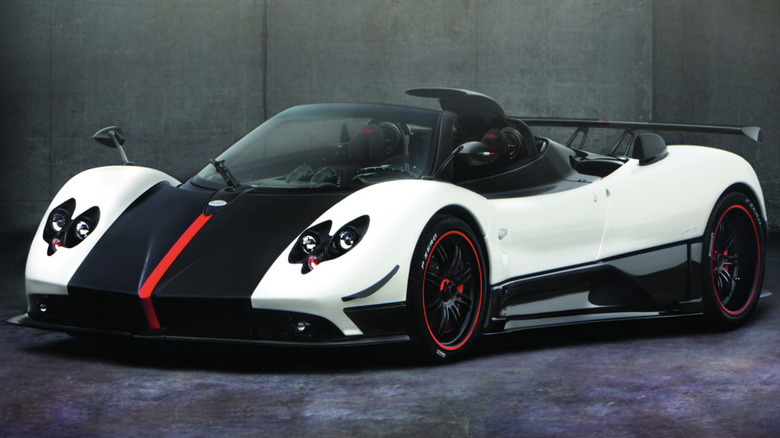 The 2009 Pagani Cinque Roadster in a garage