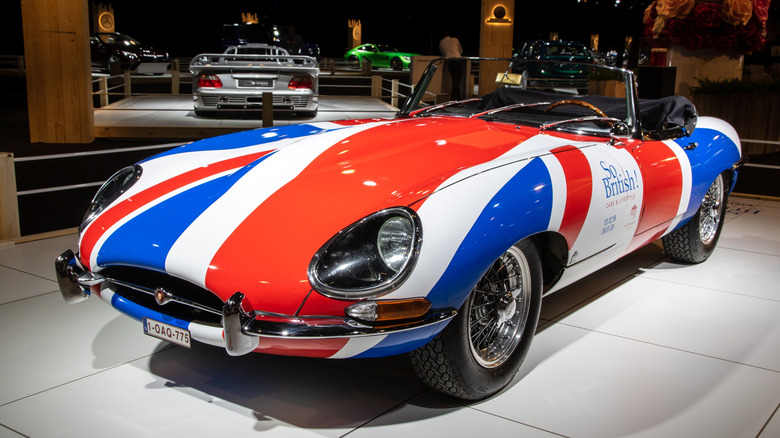 A 1967 Jaguar E-Type with a Union Jack paint job.