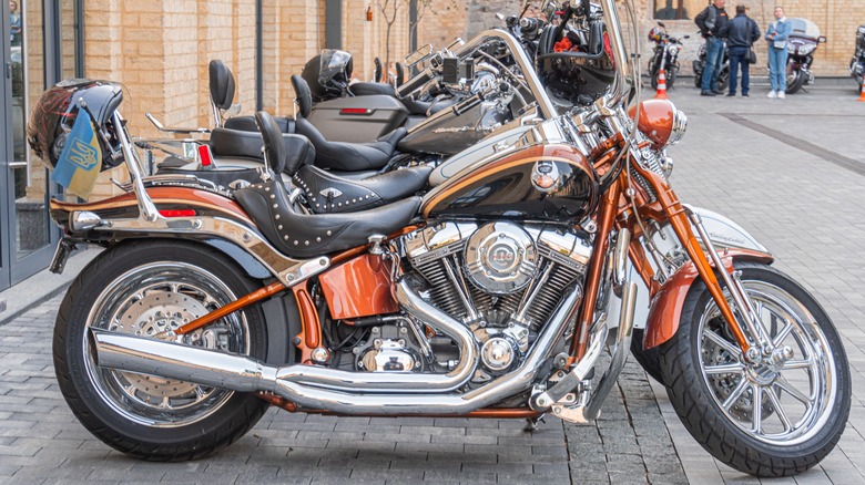 A custom Harley-Davidson Motorcycle parked on the street