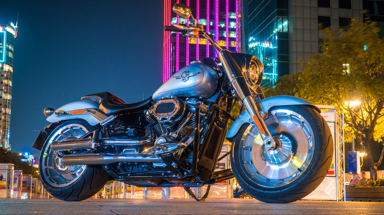 Harley-Davidson Fat Boy motorcycle parked in the city