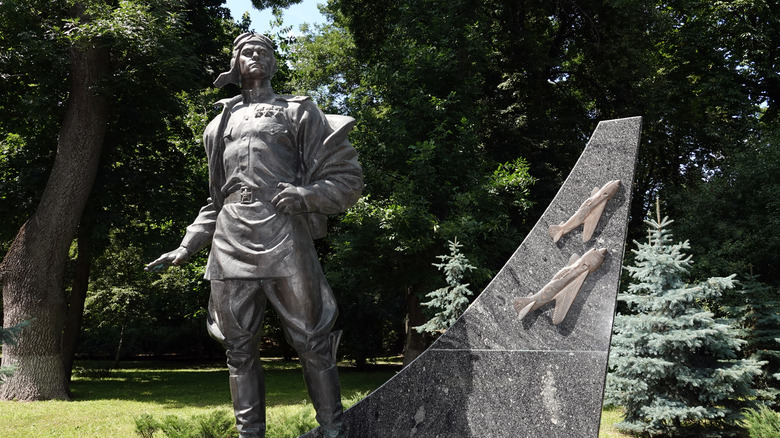 A monument to fighter pilot Ivan Kozhedub in Kyiv, Ukraine.