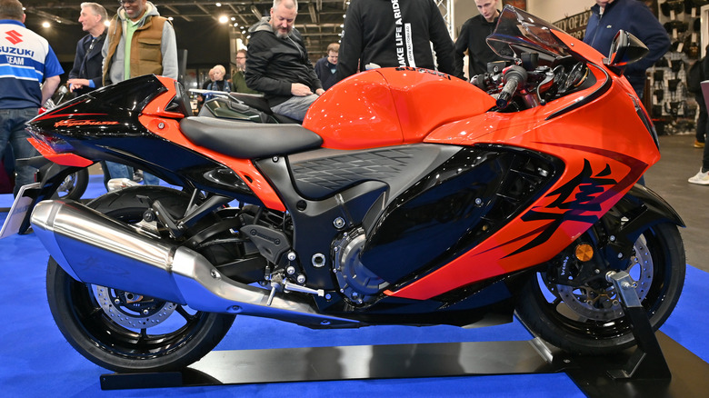 Orange suzuki hayabusa on static display