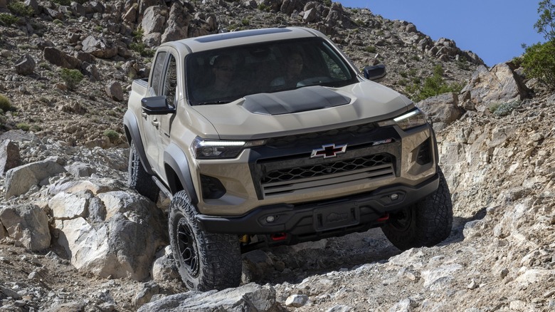 A gray Chevrolet Colorado ZR-2 Bison on rocky terrain