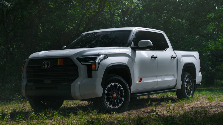 A gray Toyota Tundra in front of trees