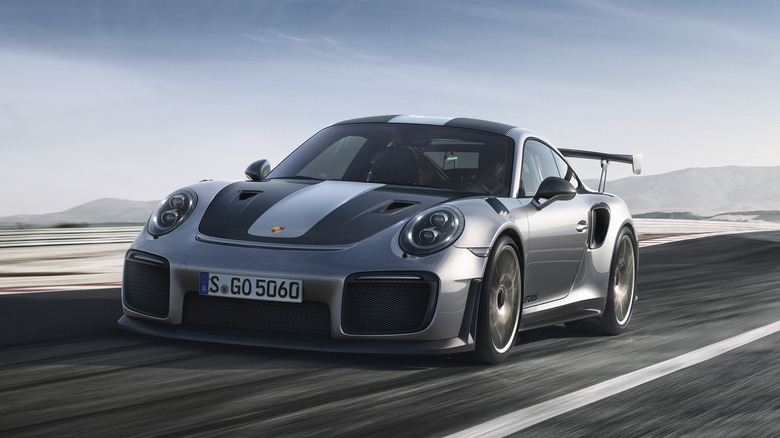 The 991 Porsche GT2 RS driving, front 3/4 view