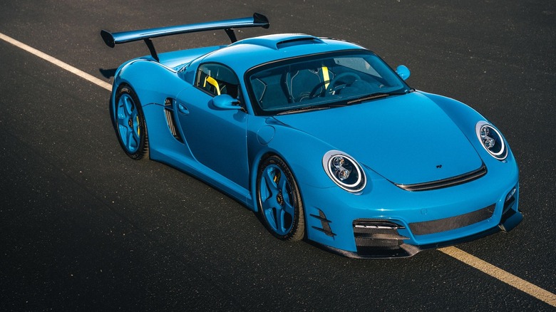 The RUF CTR3 Evo in blue, front 3/4 view