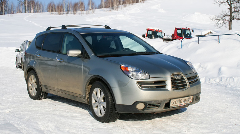 The Subaru B9 Tribeca in the snow, silver exterior, front 3/4 view