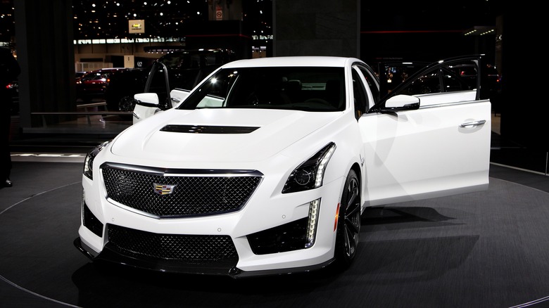 A white Cadillac CTS-V at an autoshow