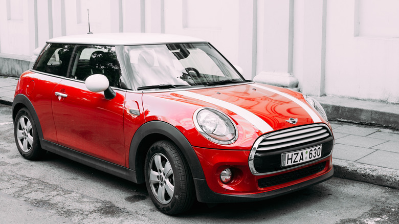 A Red Mini Cooper parked