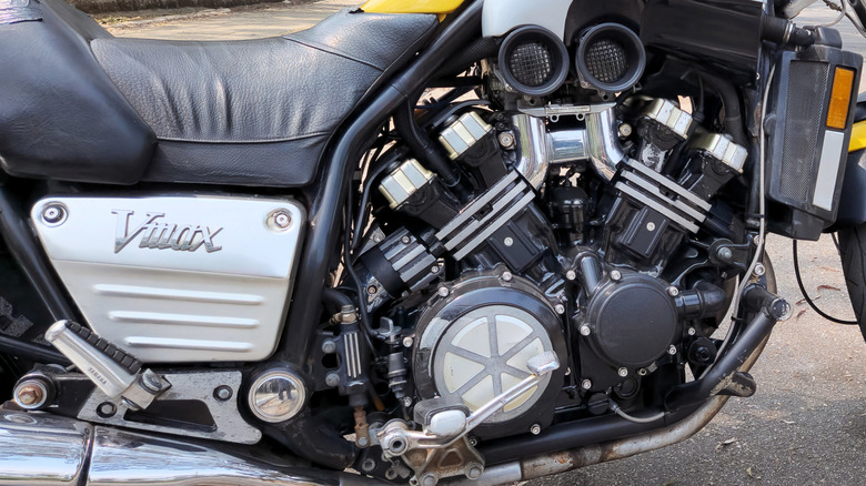 An up-close shot of a Yamaha V-Max motorcycle engine