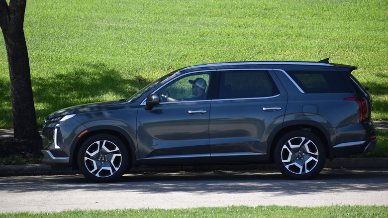 A grayish blue Hyundai Palisade in the shade