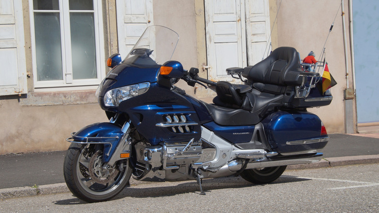 Blue Honda Gold Wing parked