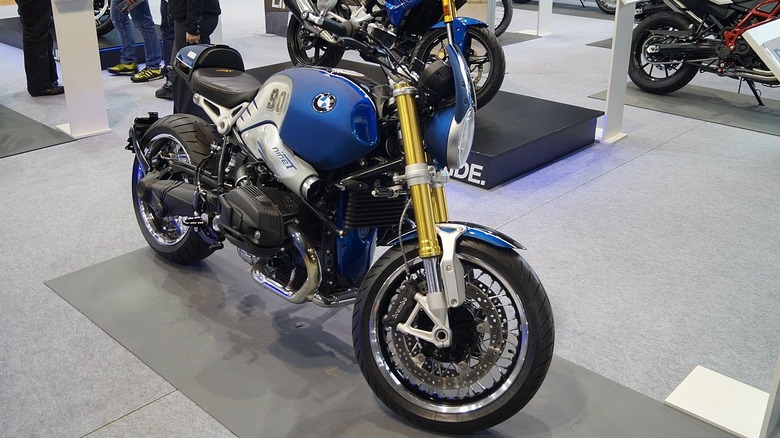 Blue BMW R nineT in showroom