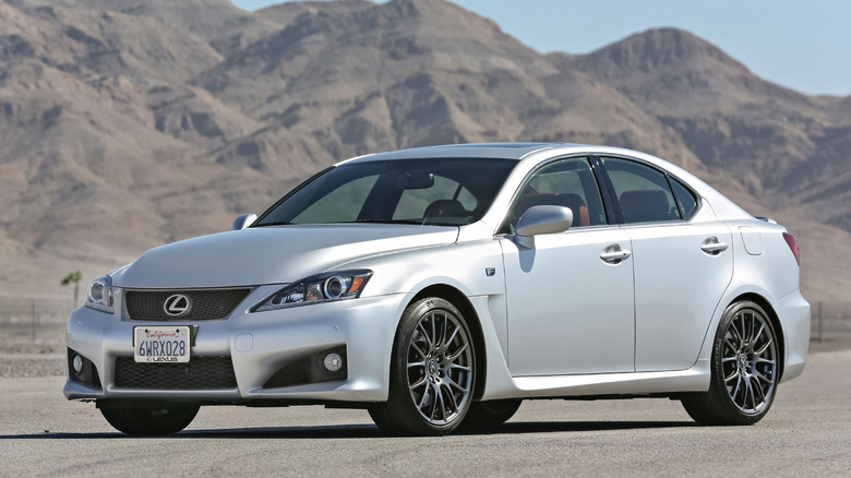 2012 Lexus IS F front 3/4 view with mountains in the background