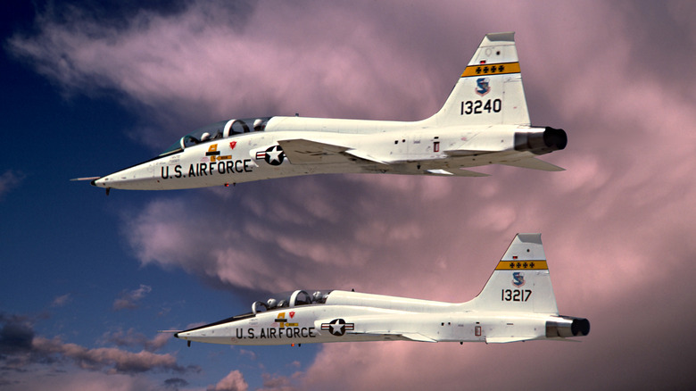 1960s 1970s Two USAF Northrop T-38 Talon Supersonic Jet Fighter Training Aircraft Flying Side-By-Side