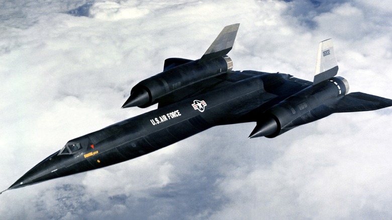 An air-to-air left front view of a A-12 aircraft