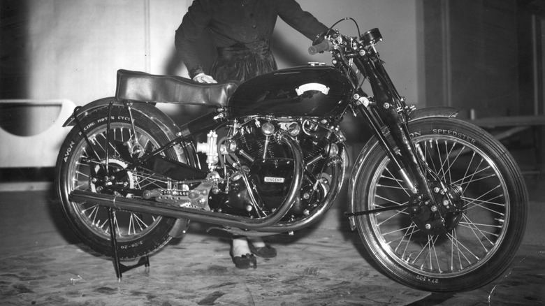 Vincent Black Lightning at Earls Court Motor Show in 1949