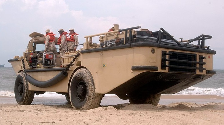 LARC-V with US military personnel driving into the water