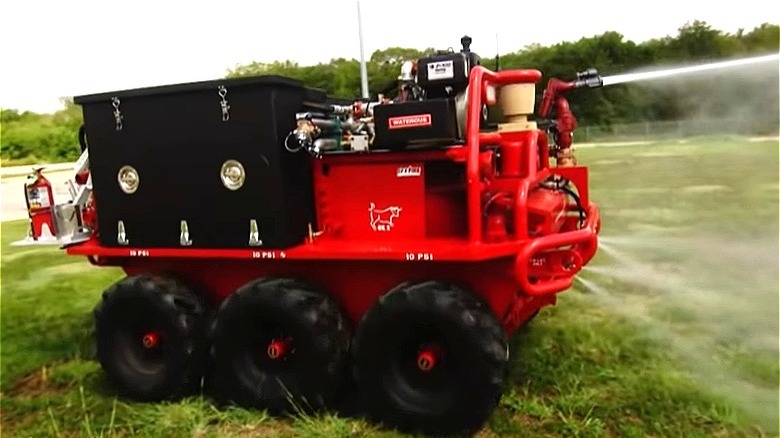 Fire Ox robotic vehicle spraying water