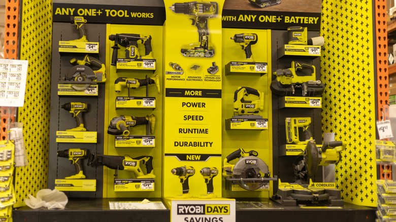 Display of Ryobi power tools in store