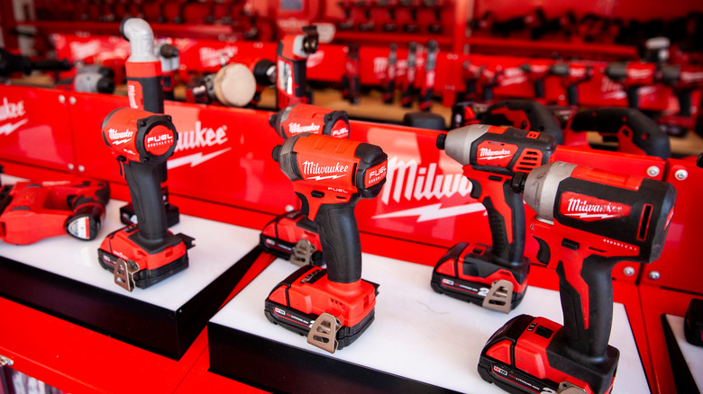 Display of Milwaukee brand power tools in store