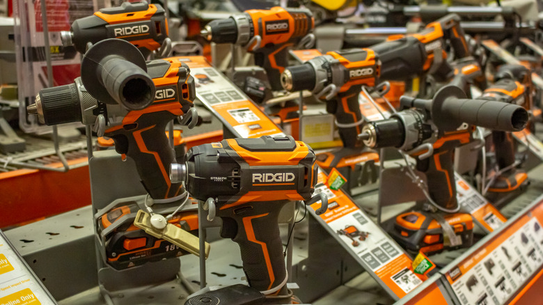 Display of Ridgid power tools in store