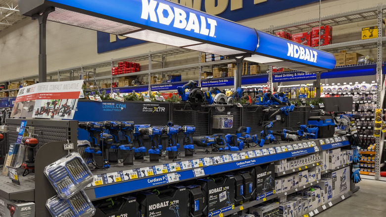 Selection of blue Kobalt tools in store