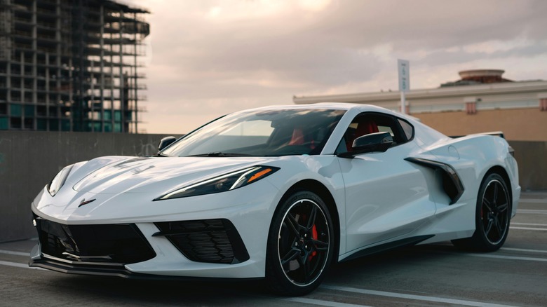 White Chevrolet Corvette Stingray parked on rooftop