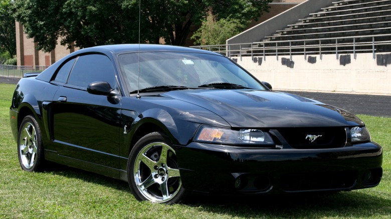 Black Ford Mustang SVT Cobra parked on grass