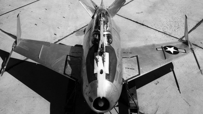 Black and white photo of XF-85 Goblin jet on tarmac