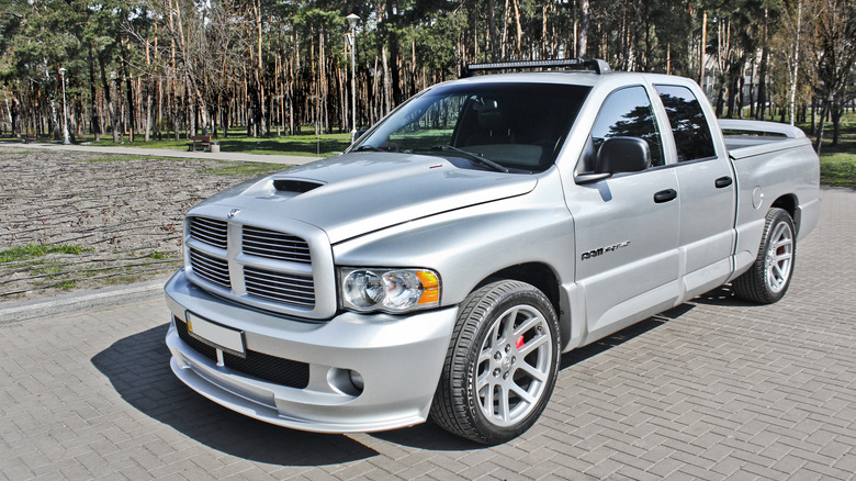 The Dodge RAM SRT-10 crew cab in silver, front 3/4 view