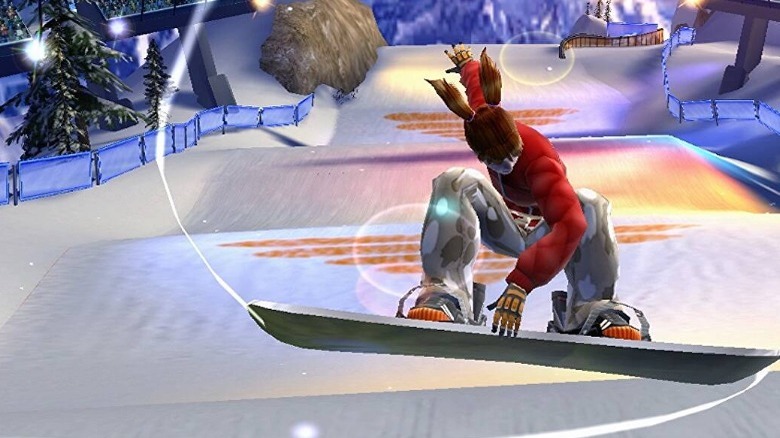 A snowboarder performing a trick in SSX 3