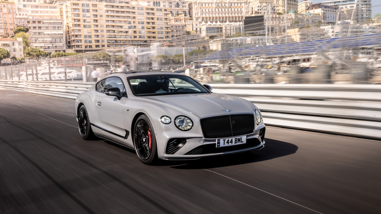 The Continental GT S on the move in Monaco, front 3/4 view, gray exterior