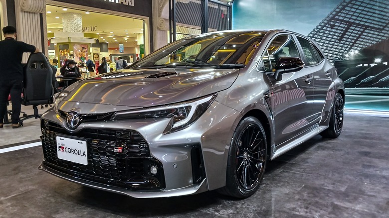 The Toyota GR Corolla in gray, front 3/4 view