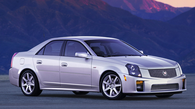 The original Cadillac CTS-V in silver, front 3/4 view