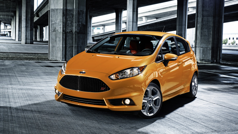 The Ford Fiesta ST in orange, front 3/4 view