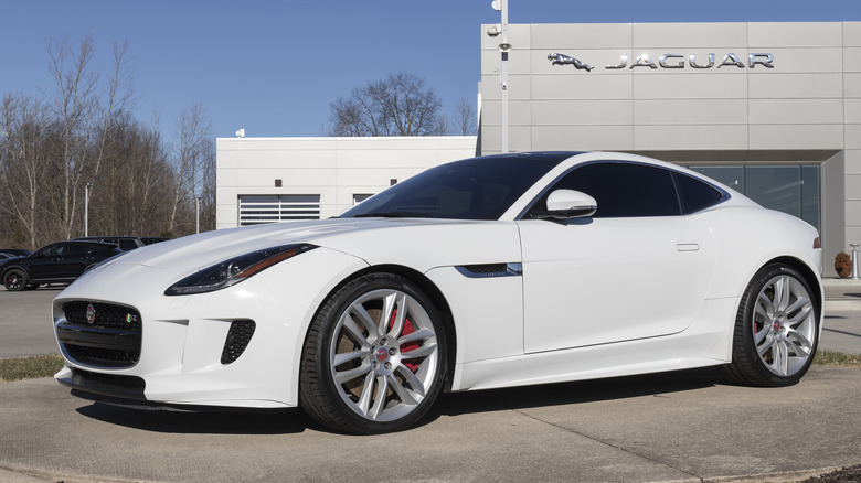 The Jaguar F-Type Coupe in white, front 3/4 view