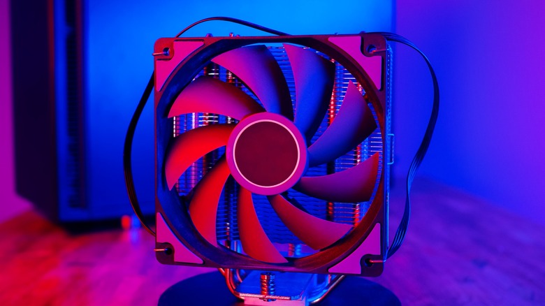 A PC case fan attached to a CPU air cooler