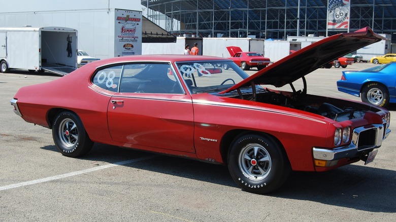 Red 1970 Pontiac GT-37 with hood open