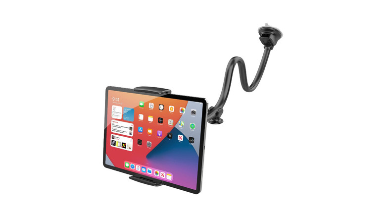 A car tablet mount with an iPad mounted on it