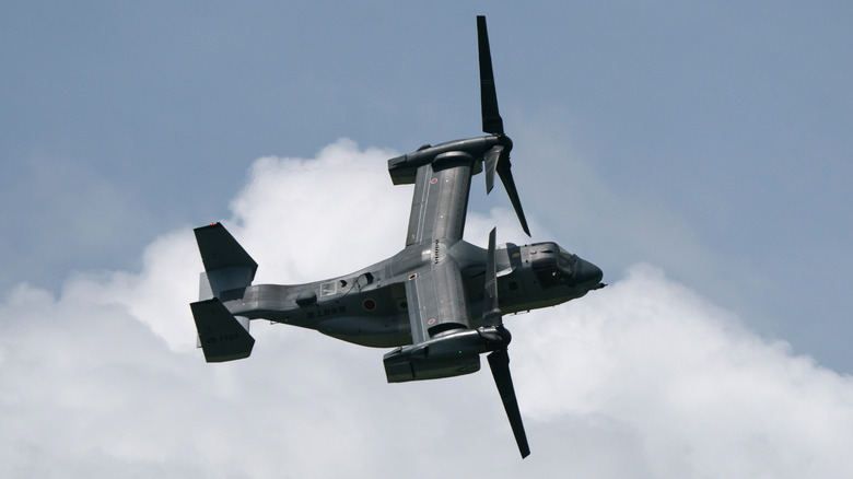 V-22 Osprey flying for the Japanese Ground Self-Defense Force over cloudy skies