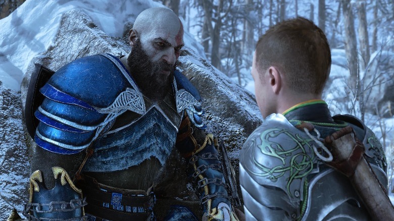 Kratos talking to his son in God of War Ragnarok
