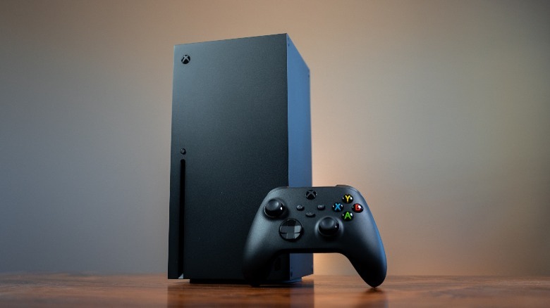 An Xbox Series X console in a vertical position