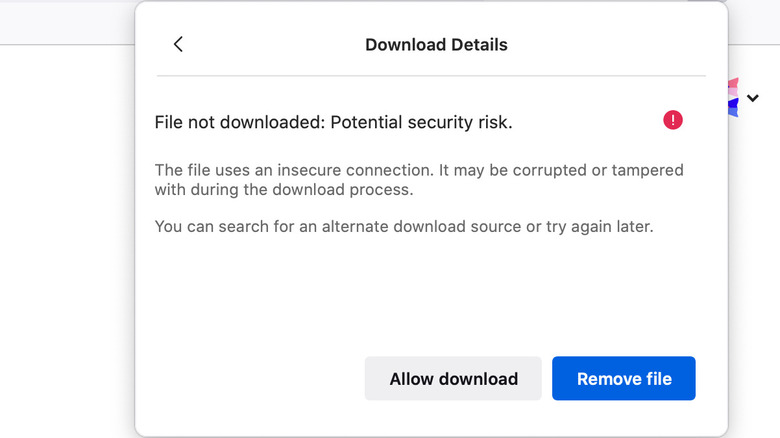 Firefox browser's download error prompt.