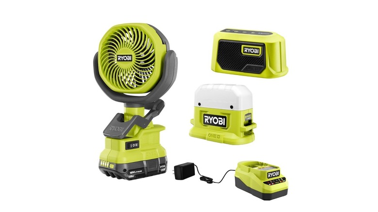 Collection of green Ryobi-branded devices, including a fan, charger, and radio