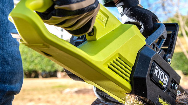 Ryobi Brushless 12 inch Chainsaw on job site