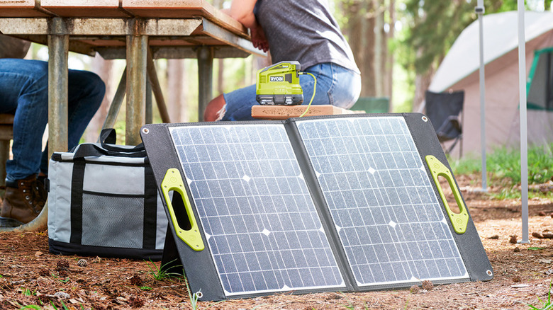 Ryobi Foldable Solar Panel at campsite