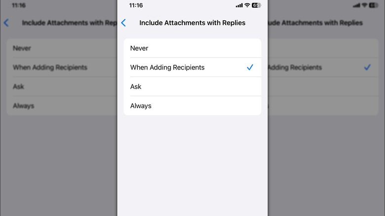 A screenshot of an iPhone's Include attachments with replies page